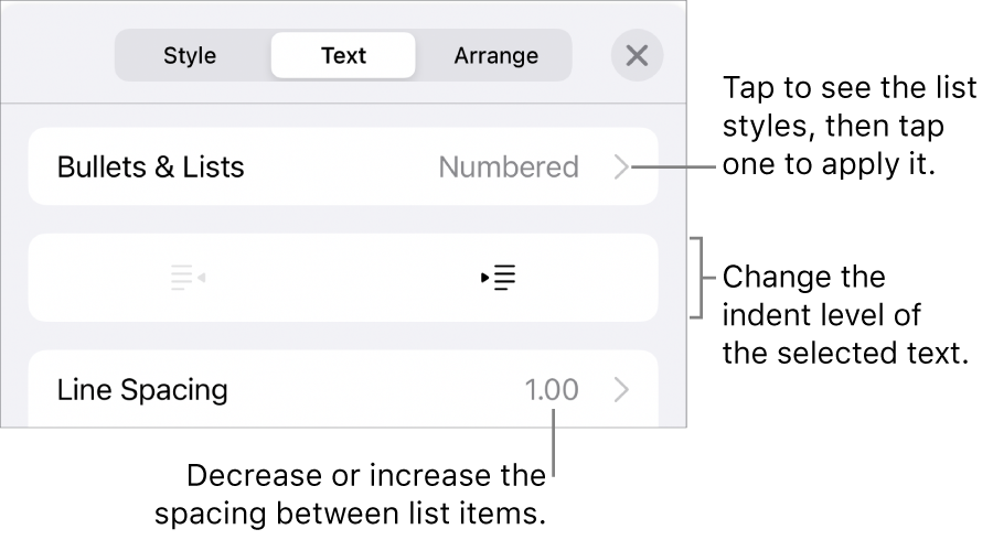 The Bullets & Lists section of the Format controls with callouts to Bullets & Lists, outdent and indent buttons, and line spacing controls.