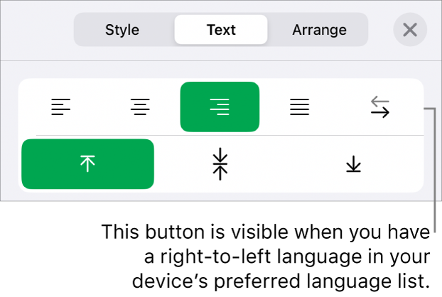 The Style section of the Format menu with a callout to the Right to Left button.