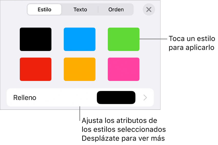 La pestaña Estilo del menú Formato con estilos de figura en la parte superior y una paleta de colores de relleno en la parte de abajo.