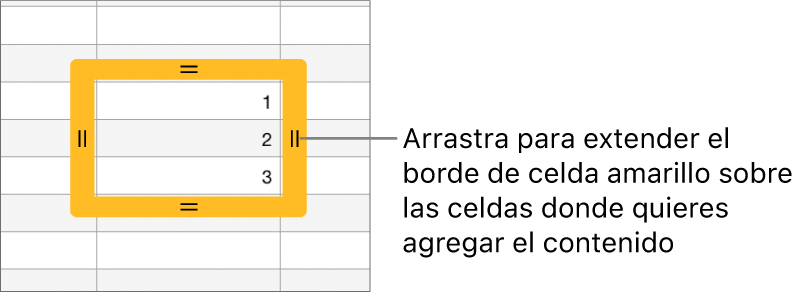 Una celda seleccionada con un borde amarillo grande que puedes arrastrar para que las celdas se autorrellenen.