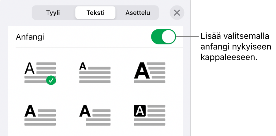 Anfangi-säätimet Teksti-valikossa.