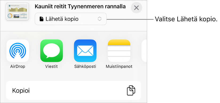 Jaa-valikko, jossa on ylhäällä valittuna Lähetä kopio.