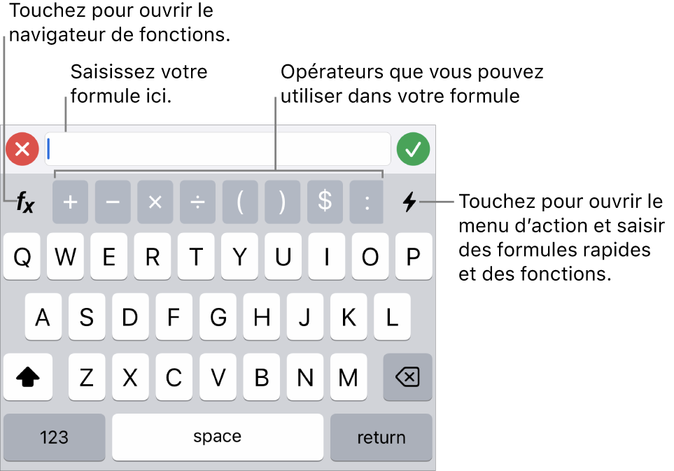 Le clavier des formules, avec l’éditeur de formules en haut et les opérateurs utilisés dans les formules en dessous de celui-ci. Le bouton Fonctions qui permet d’ouvrir le navigateur de fonctions se trouve à gauche des opérateurs et le bouton du menu d’action, à droite.