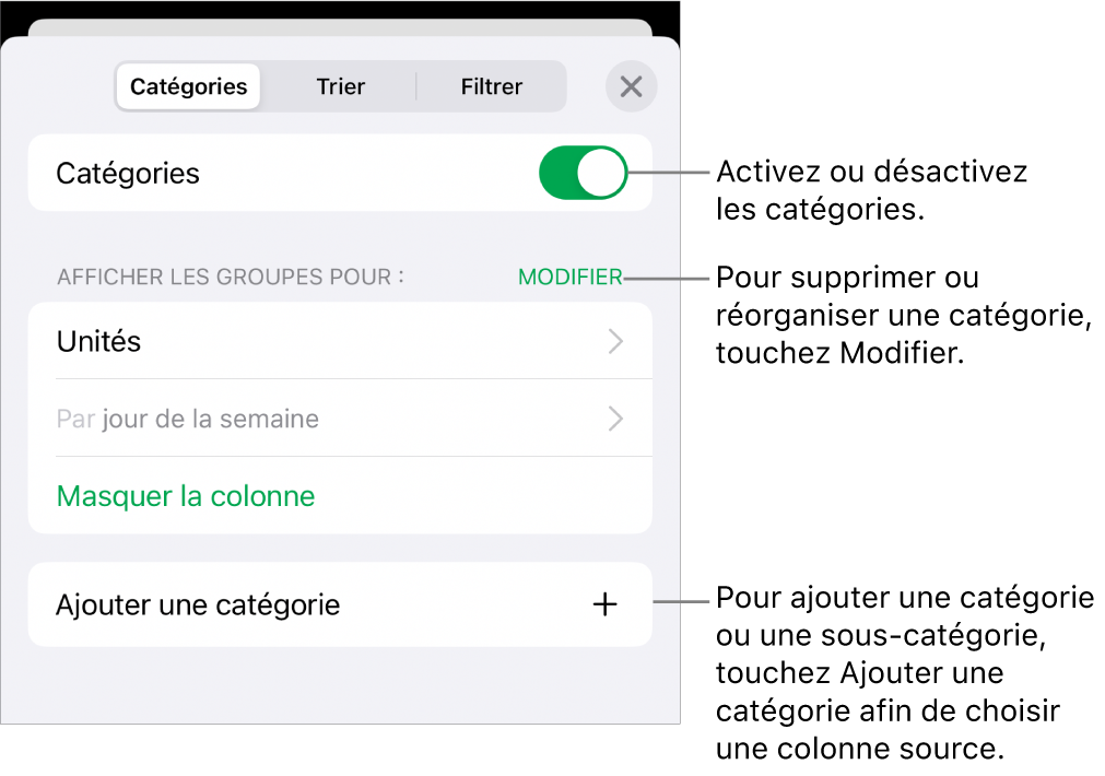 Le menu catégories pour iPhone, avec des options permettant de désactiver les catégories, supprimer des catégories, regrouper des données, masquer une colonne source et ajouter des catégories.