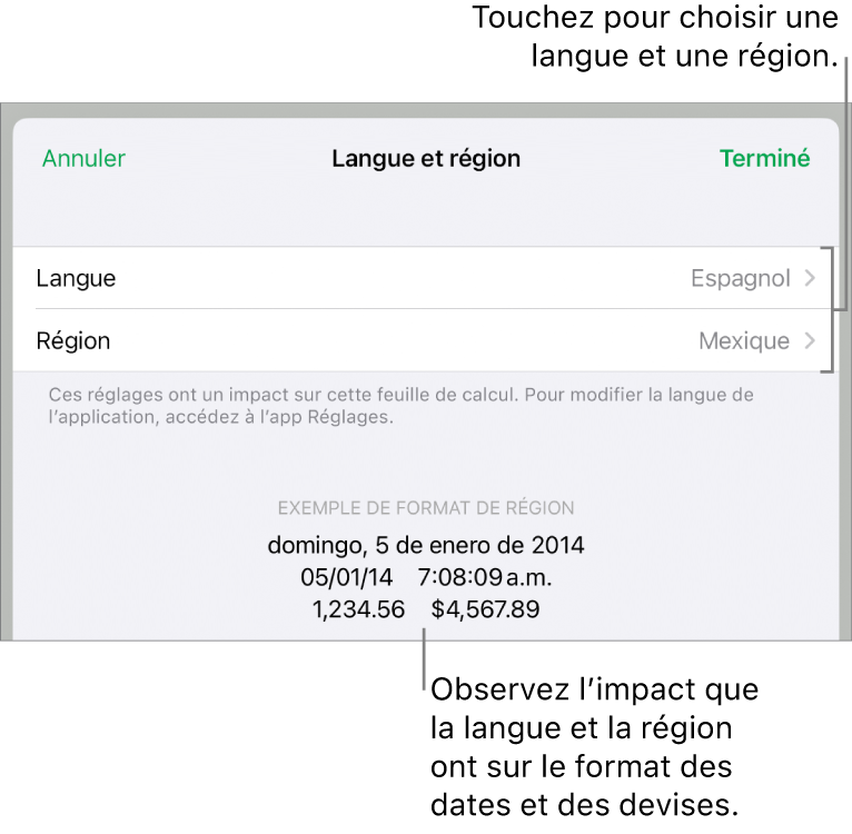 La sous-fenêtre Langue et région présentant des commandes de langue et de région, ainsi qu’un exemple de mise en forme comprenant date, heure, affichage des décimales et devise.