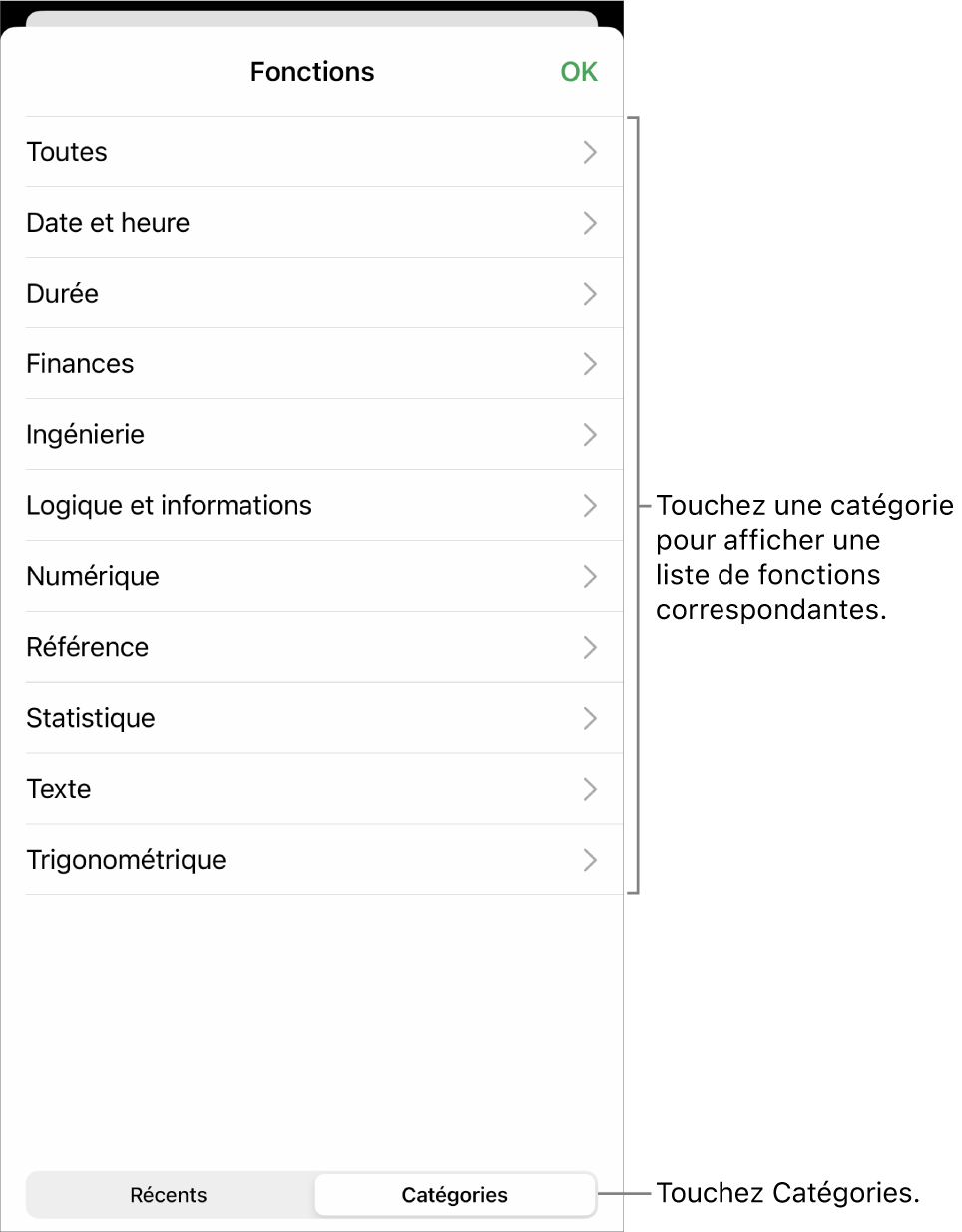 Navigateur de fonctions avec une légende pour le bouton Catégories et la liste des catégories.