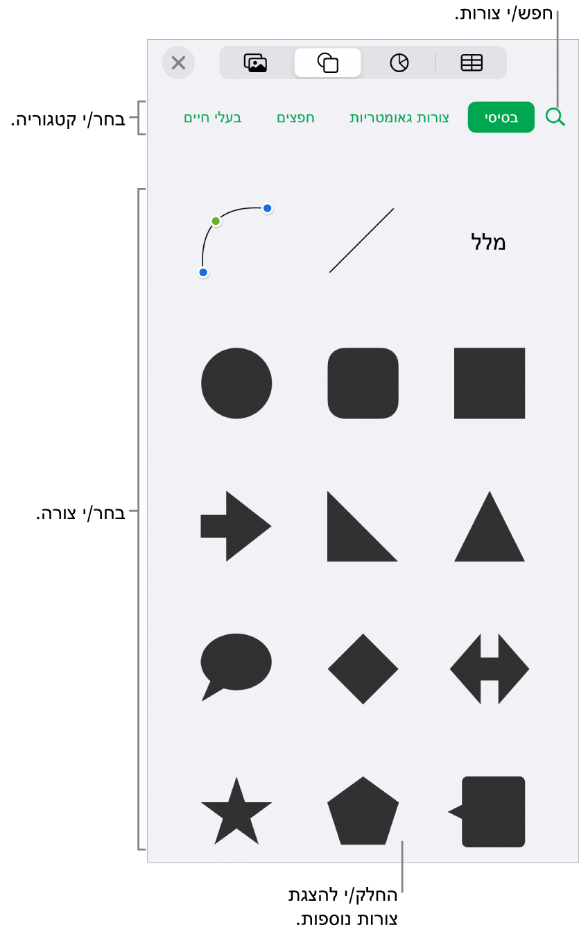 ספריית הצורות, כשקטגוריות מופיעות למעלה וצורות מוצגות למטה. ניתן להשתמש בשדה החיפוש שבראש המסך כדי למצוא צורות, ולהחליק כדי לראות צורות נוספות.