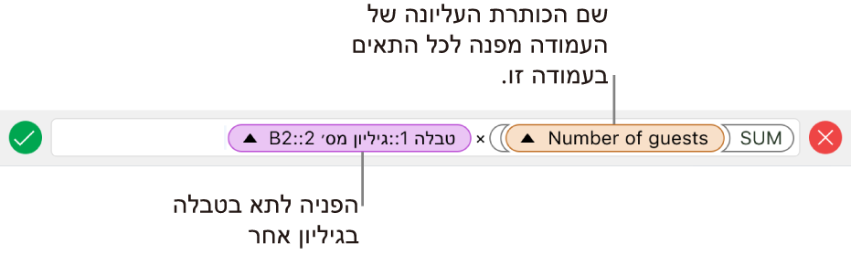 עורך הנוסחאות מציג נוסחה המפנה לעמודה בטבלה אחת ולתא בטבלה אחרת.