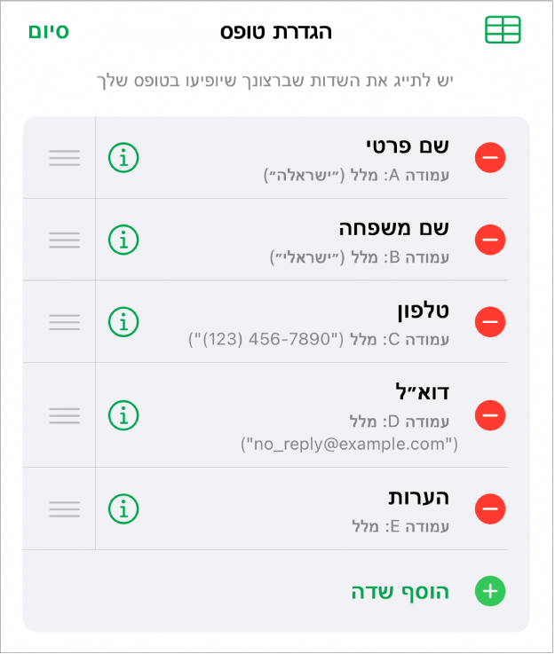 פקדי ״הגדרת טופס״ עם אפשרויות להוספה, עריכה, שינוי סדר ומחיקה של שדות ולשינוי המבנה של שדות (למשל מ״מלל״ ל״אחוזים״).