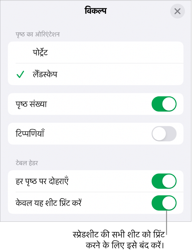 पृष्ठ ओरिएंटेशन चुनने, पृष्ठ संख्याएँ और हेडर दिखाने तथा कागज़ का आकार और प्रिंट किए जाने वाले पृष्ठ चुनने के लिए प्रिंटिंग विकल्प।