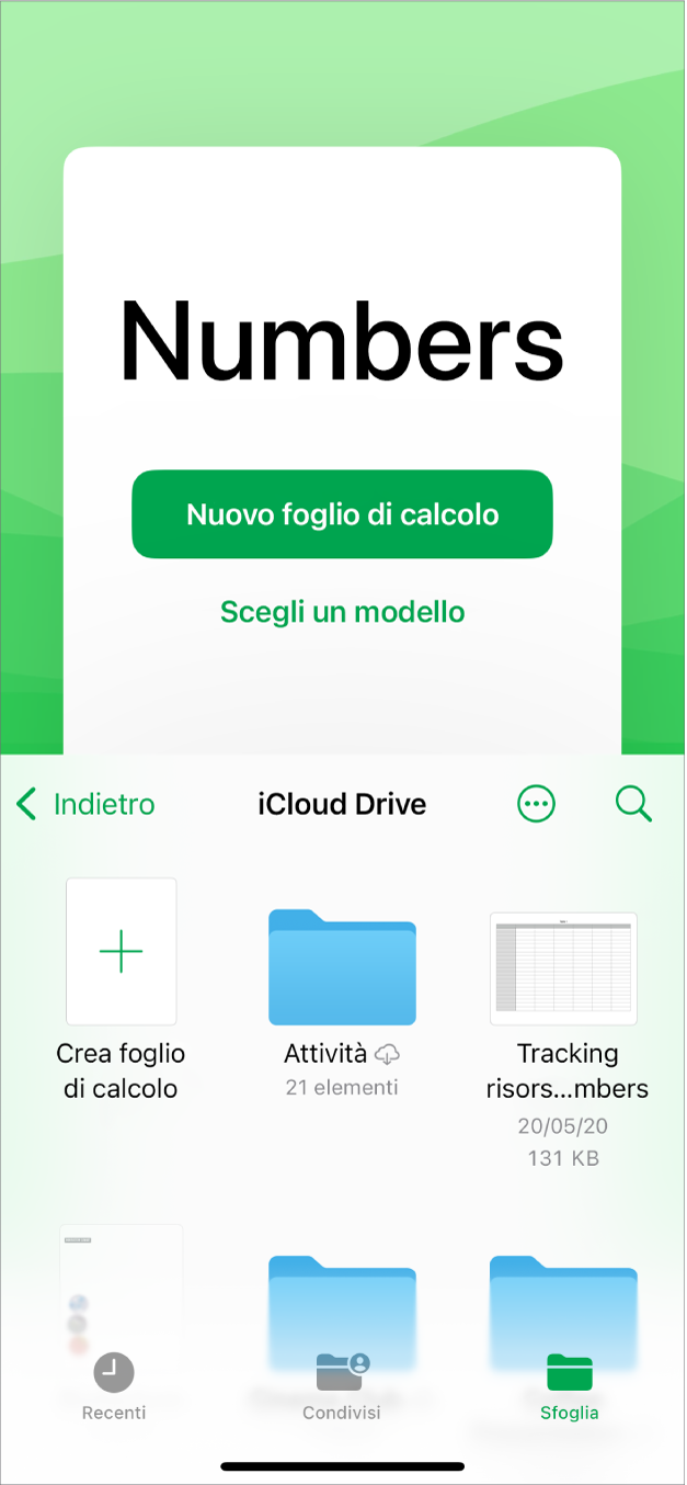 Il gestore documenti di Numbers con i pulsanti per creare un nuovo foglio di calcolo o scegliere un modello nella parte superiore dello schermo e i controlli per aprire i fogli di calcolo salvati nella parte inferiore.