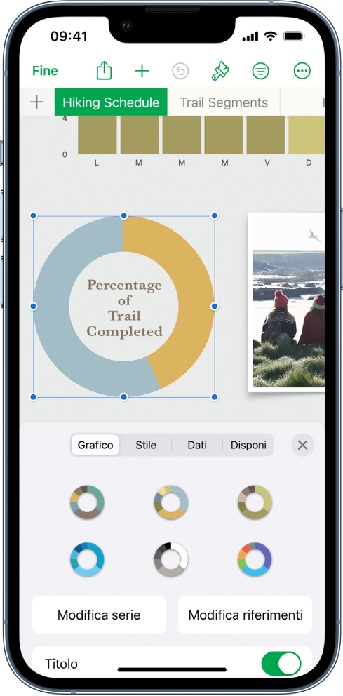 Un grafico a torta che mostra le percentuali dei sentieri percorsi. Anche il menu Formato è aperto e mostra diversi stili di grafico tra cui scegliere, nonché delle opzioni per modificare le serie o i riferimenti del grafico e attivare o disattivare il titolo del grafico.