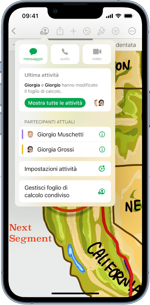 Il menu Collaborazione con i nomi delle persone che stanno collaborando al foglio di calcolo.