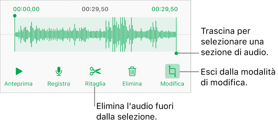 Controlli per modificare una registrazione audio. Maniglie che indicano la sezione selezionata della registrazione con pulsanti Anteprima, Registra, Ritaglia, Elimina e per la modalità di modifica al di sotto.