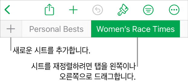 새로운 시트 추가, 탐색, 재정렬 및 시트 재구성을 위한 탭 막대.