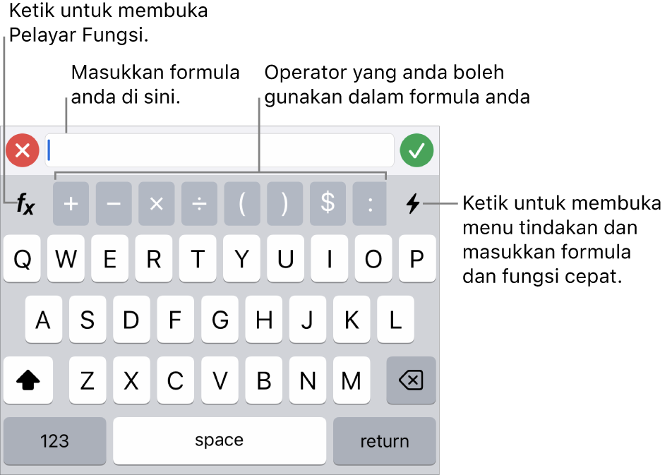 Papan kekunci formula dengan Editor Formula di atasnya dan operator yang digunakan dalam formula di bawahnya. Butang Fungsi untuk membuka Pelayar Fungsi terdapat di sebelah kiri operator manakala butang menu Tindakan di sebelah kanan.