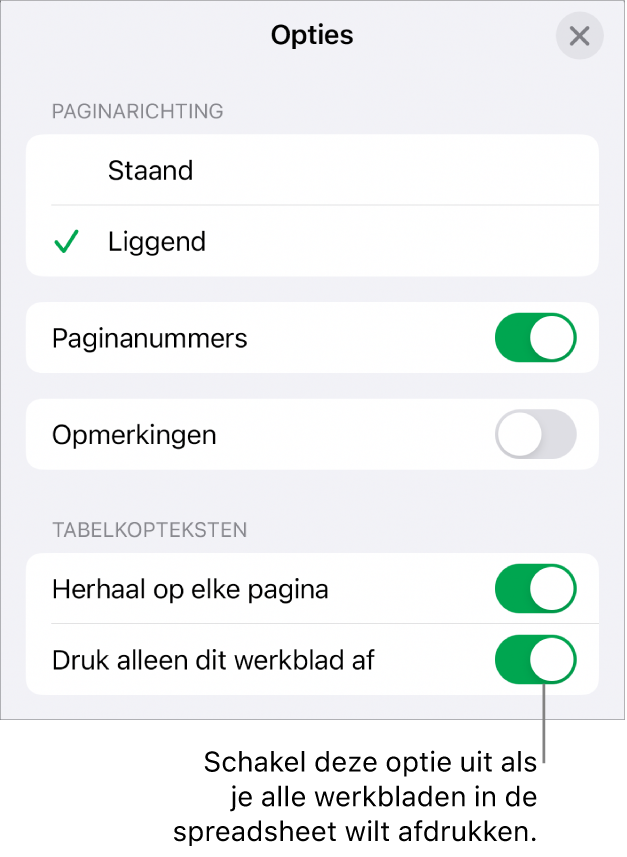 Afdrukopties om de paginarichting te kiezen, paginanummers en kopteksten weer te geven, het papierformaat te kiezen en om te bepalen welke pagina's je wilt afdrukken.