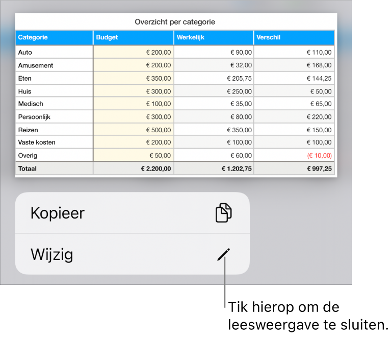 Er is een tabel geselecteerd en eronder staat een menu met de knoppen 'Kopieer' en 'Wijzig'.