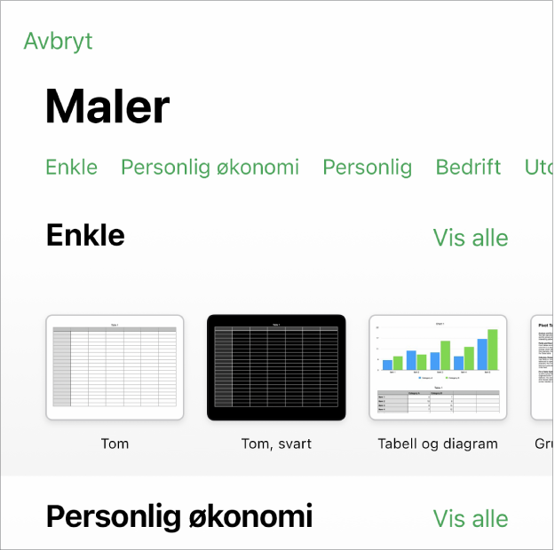 Malvelgeren med en rad med kategorier langs toppen som du kan trykke på for å filtrere alternativene. Nedenfor vises miniatyrbilder av forhåndsdesignede maler arrangert i rader etter kategori, med Sist brukte øverst, etterfulgt av Enkle. En Vis alle-knapp vises over og til høyre for hver kategorirad.