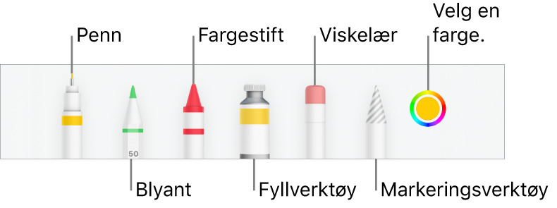 Tegneverktøylinjen i Numbers på iPhone med en penn, blyant, fargestift, fyllverktøy, viskelær, markeringsverktøy og fargefelt som viser den gjeldende fargen.