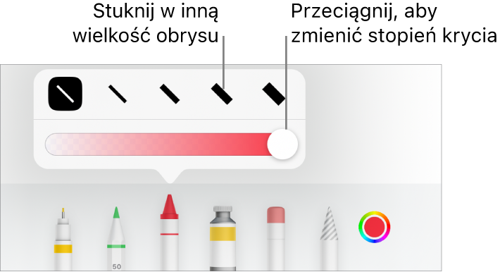 Narzędzia do ustawiania grubości kreski oraz suwak do ustawiania stopnia krycia.