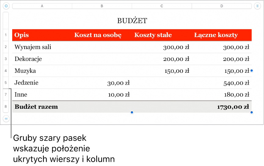 Gruby szary pasek wskazujący ukryte wiersze i kolumny