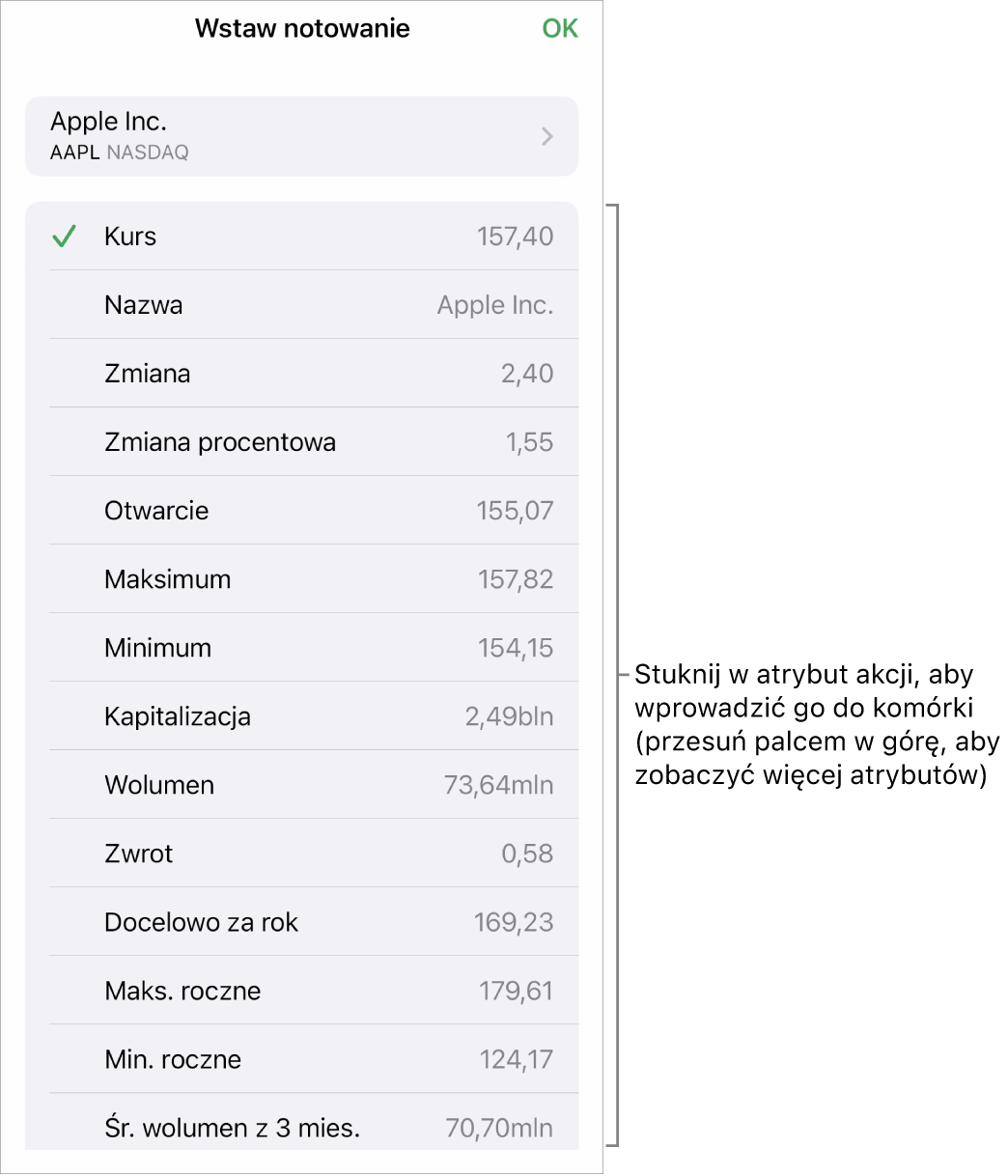 Okno nałożone Wstaw notowanie giełdowe. Na górze widoczna jest nazwa akcji, natomiast niżej znajdują się atrybuty, które można zaznaczyć, takie jak kurs, nazwa, zmiana, zmiana procentowa oraz otwarcie.