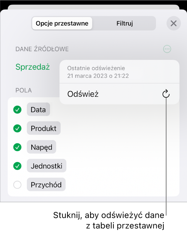 Menu Opcje przestawne pokazujące opcje odświeżania tabeli przestawnej.