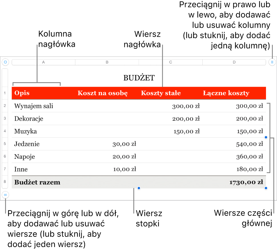 Tabela z wierszami i kolumnami nagłówka, części głównej i stopki oraz uchwytami dodawania lub usuwanie wierszy lub kolumn.