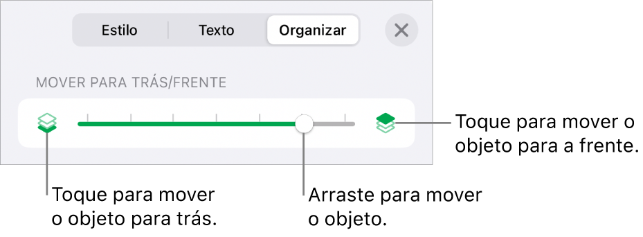 Botão Mover para Trás, botão Mover para a Frente e controle deslizante de camada