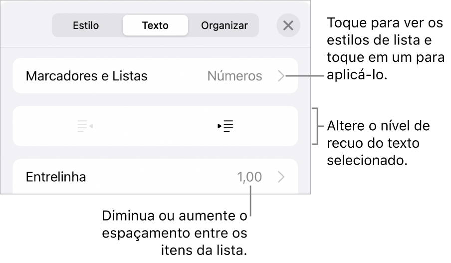 Seção “Marcadores e Listas” dos controles de Formatação, com chamadas para “Marcadores e Listas”, botões para aumentar ou diminuir o recuo e controles de entrelinha.