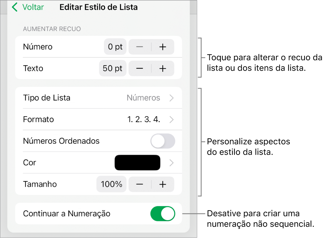 Menu “Editar Estilo de Lista” com controles para espacejamento de recuo, formato e tipo de lista, alinhamento de números, cor e tamanho da lista e numeração contínua.