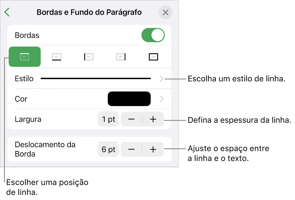 Controles para alterar o estilo, a espessura, a posição e a cor da linha.