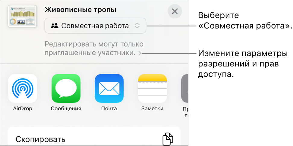 В верхней части экрана отображается меню «Поделиться». Выбран параметр «Совместная работа», под ним находятся настройки прав доступа.