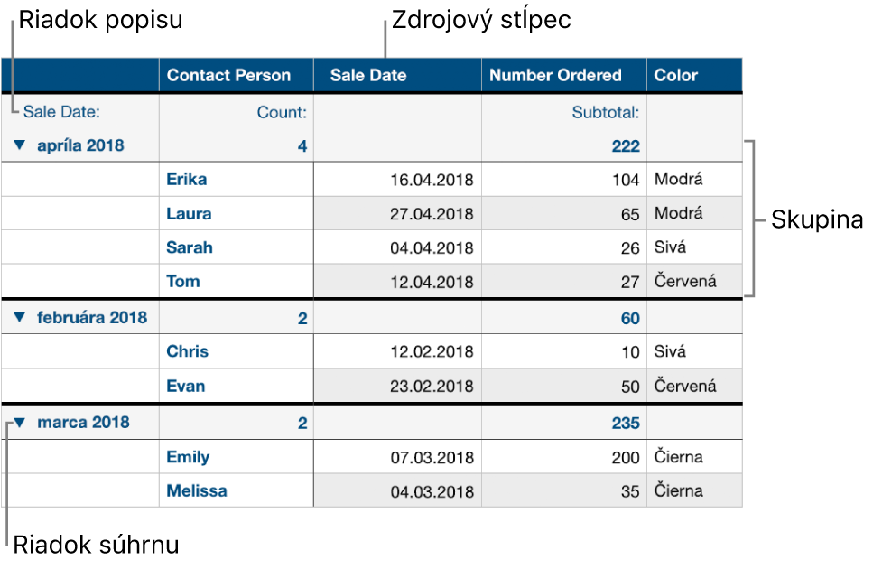 Kategorizovaná tabuľka zobrazujúca zdrojový stĺpec, skupiny, súhrnný riadok a opisný riadok.