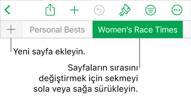 Yeni sayfa ekleme, sayfalarda dolaşma, sayfaları sıralama ve yeniden düzenleme için sekme çubuğu.