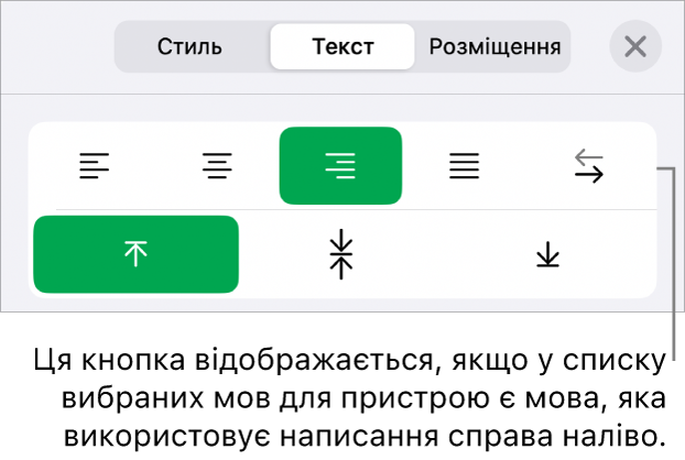 Розділ «Стиль» у меню «Формат» з виноскою на кнопку «Справа наліво».