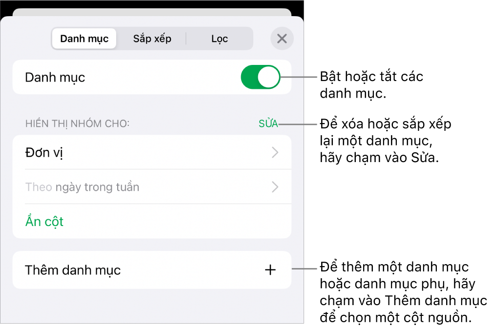 Menu Danh mục cho iPhone với các tùy chọn để tắt danh mục, xóa danh mục, nhóm lại dữ liệu, ẩn cột nguồn và thêm danh mục.