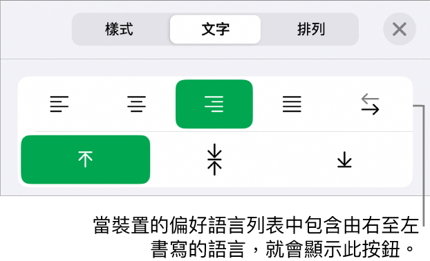 「格式」選單的「樣式」部份，説明文字指向「由右至左」按鈕。