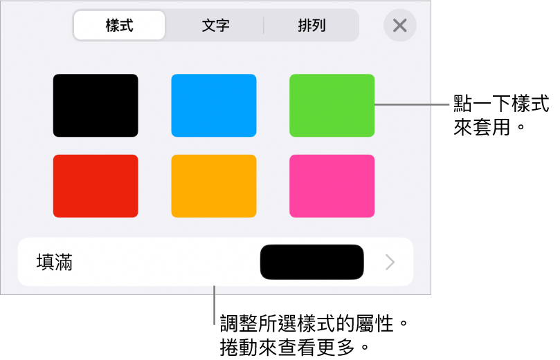 「格式」選單中的「樣式」分頁，最上方為形狀樣式，下方為填滿的顏色框。