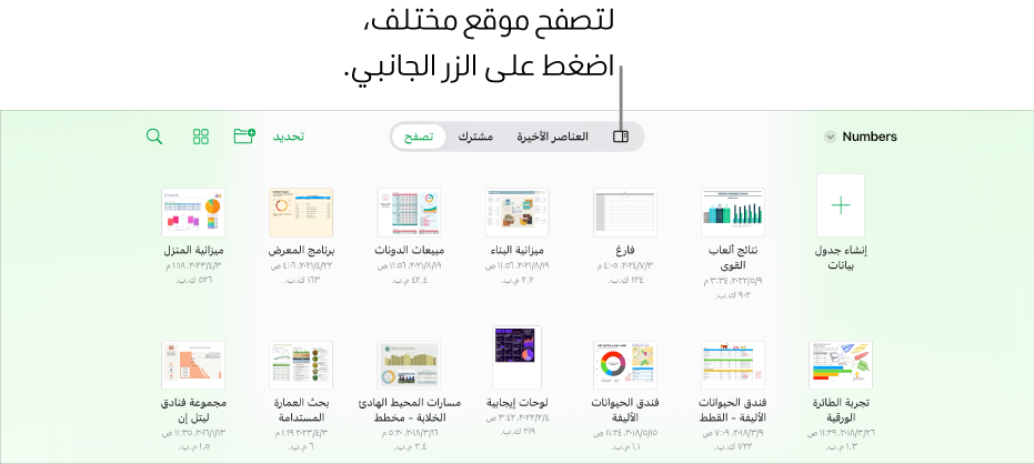 عرض التصفح في مدير المستندات يعرض رابط موقع في الزاوية العلوية اليمنى وأسفله حقل بحث. في الزاوية العلوية اليسرى يوجد زر إضافة جدول بيانات؛ وزر مجلد جديد؛ قائمة منبثقة لاستخدام طريقة عرض القائمة أو الأيقونات، وللتصفية حسب الاسم والتاريخ والحجم والنوع والعلامة، وزر تحديد. أسفل هذه الأزرار توجد صور مصغرة لجداول البيانات الموجودة.