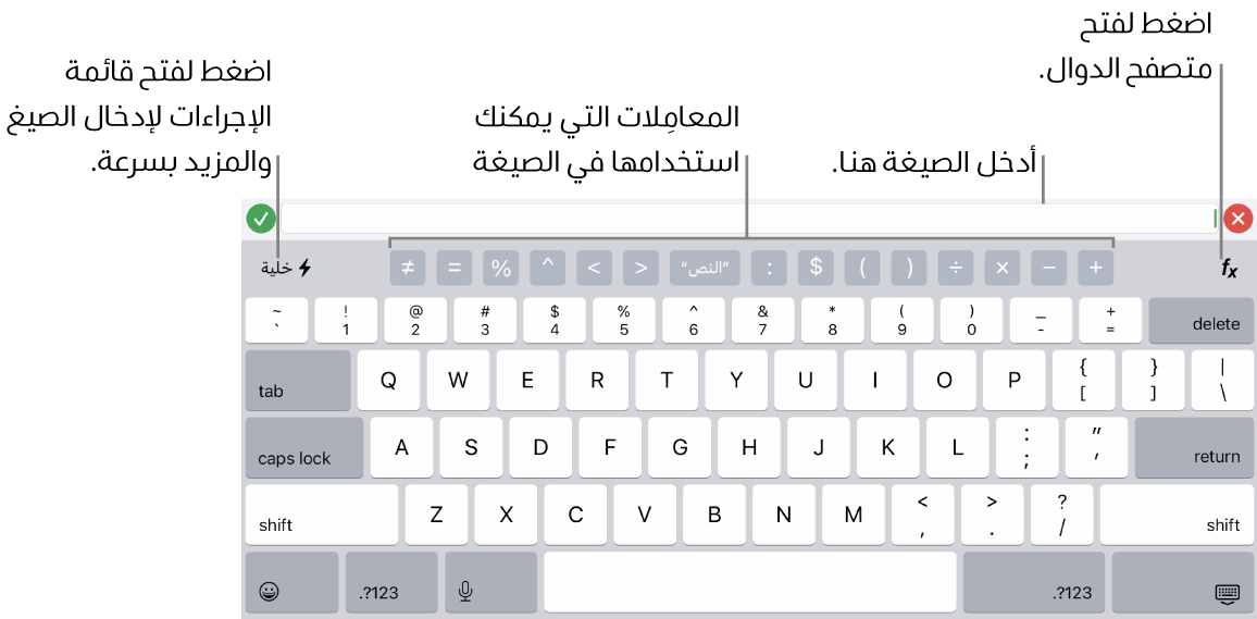 لوحة مفاتيح الصيغ، ويظهر محرر الصيغ في الأعلى والمعاملات المستخدمة في الصيغ أسفله. زر الدوال لفتح متصفح الدوال على يمين المعاملات، وزر قائمة الإجراءات على اليسار.