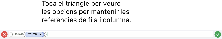 L’editor de fórmules, que mostra com mantenir les referències de fila i de columna quan es copia o es trasllada la cel·la.
