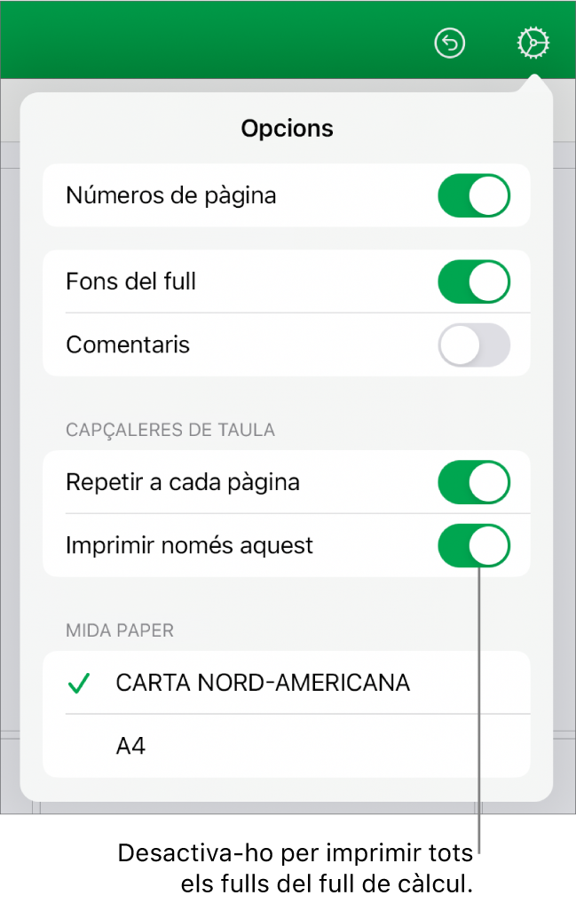 El tauler de la vista de previsualització, amb controls per mostrar números de pàgina, repetir les capçaleres a cada pàgina, canviar la mida del paper i seleccionar imprimir tot el full de càlcul o només el full actual.