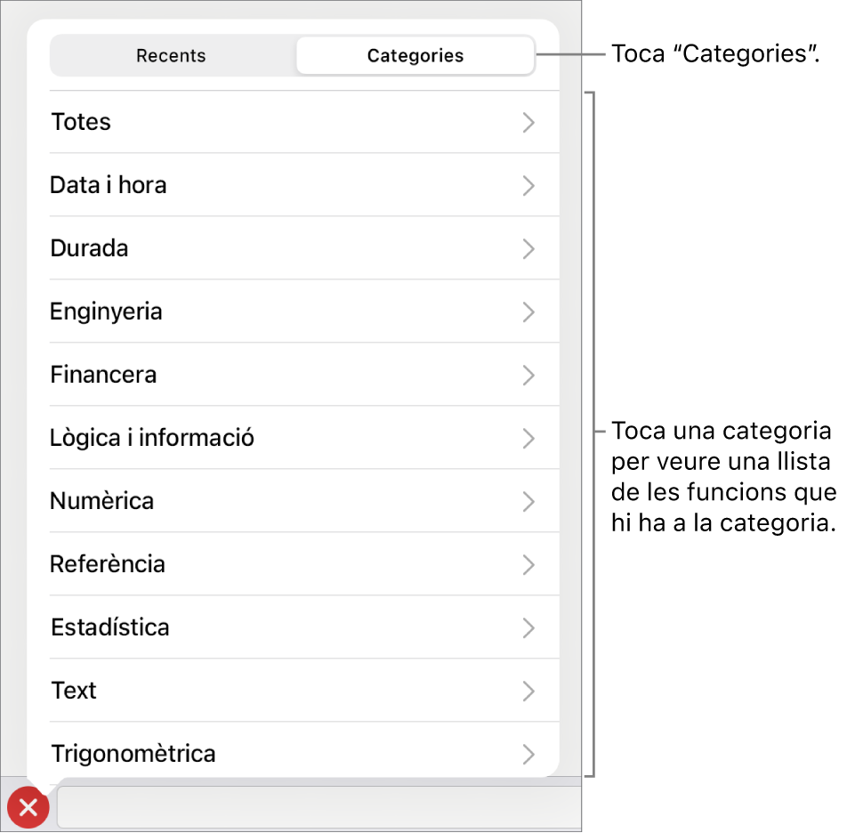 L’explorador de funcions amb el botó Categories seleccionat i la llista de categories a sota.