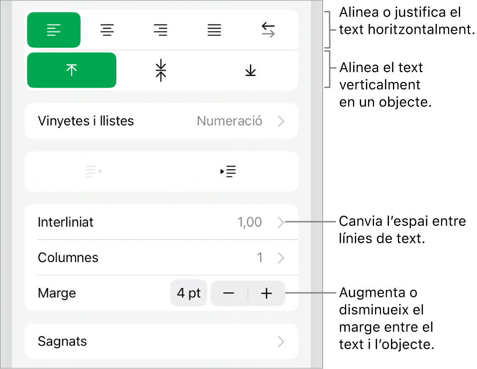 Secció Disposició de l’inspector de format amb referències als botons d’alineació i espaiat de text.