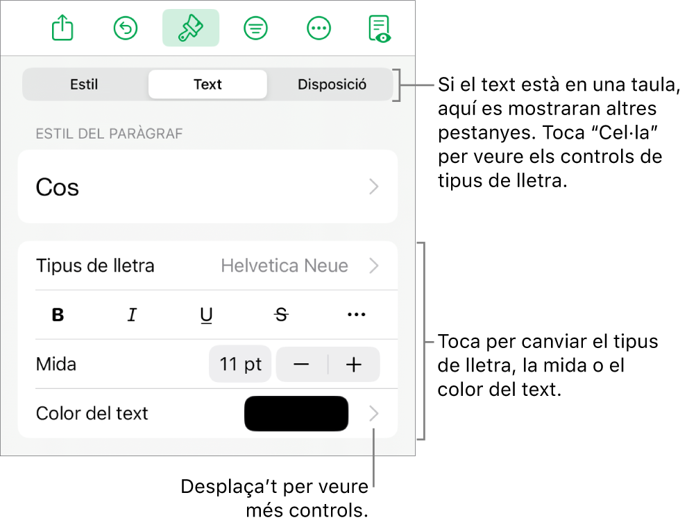 Controls de text al menú Format per definir els estils de paràgraf i de caràcter, el tipus de lletra, la mida i el color.