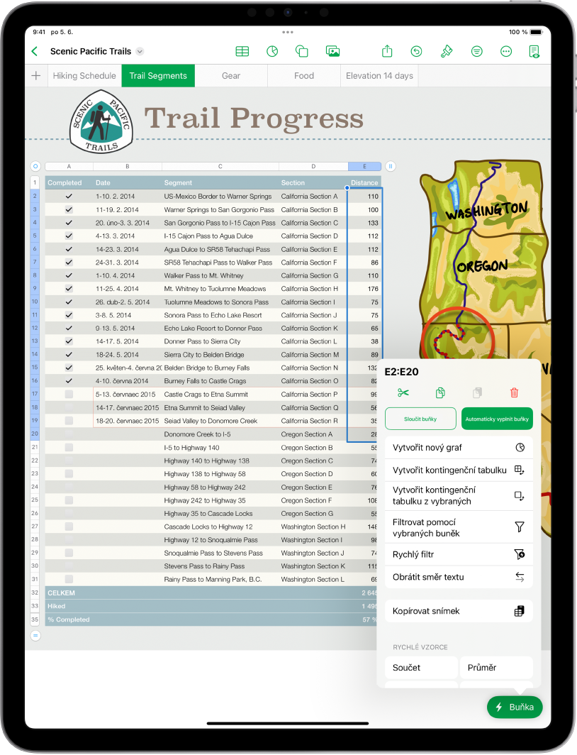 Tabulka s absolvovanými túrami a délkami jejich tras. V otevřené nabídce Akce buňky se zobrazují volby pro přidávání vzorců, kalendářních dat, komentářů a filtrů.