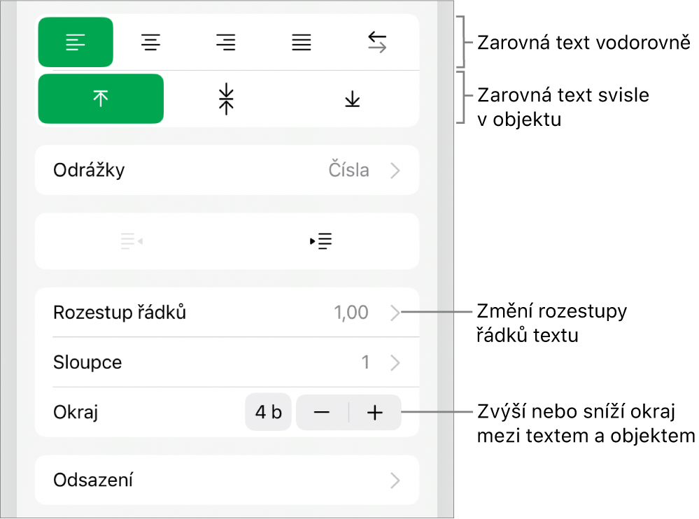 Oddíl Uspořádání v inspektoru formátování s popisky tlačítek zarovnání textu a rozestupů