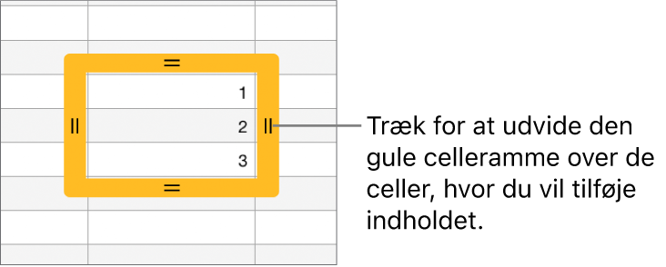 En valgt celle med en stor gul ramme, som du kan trække for at udfylde celler automatisk.